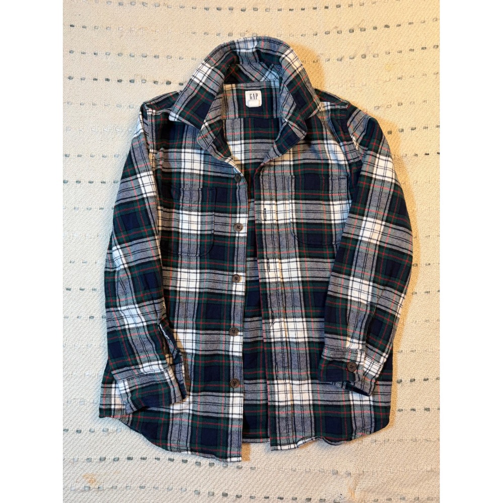 Gap Kids Boys Small Green Navy Blue Plaid Flannel Button Down Shirt Pockets